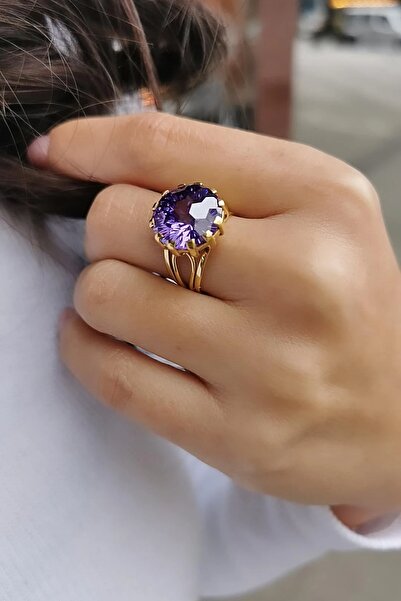 Utku Kuyumculuk 14 AYAR KRİSTAL AMETİST RENGİ TAŞLI ALTIN YÜZÜK