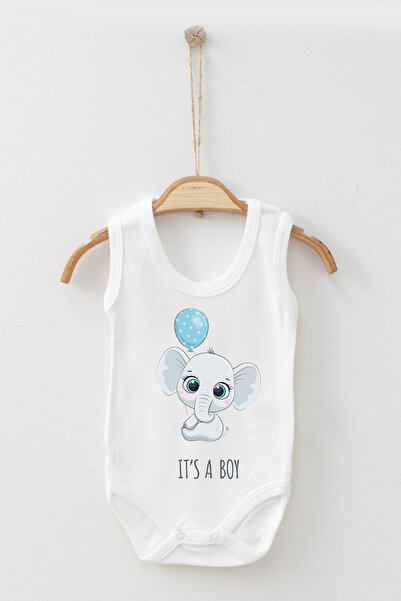 ADABEBEK It's a Boy Written Blue Balloon Baby Elephant Printed Strap Snap-On Bodysuit