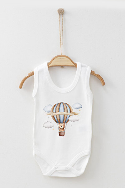 ADABEBEK Cloud Detailed Teddy Bear Walking with Balloon Printed Strap Snap-On Bodysuit