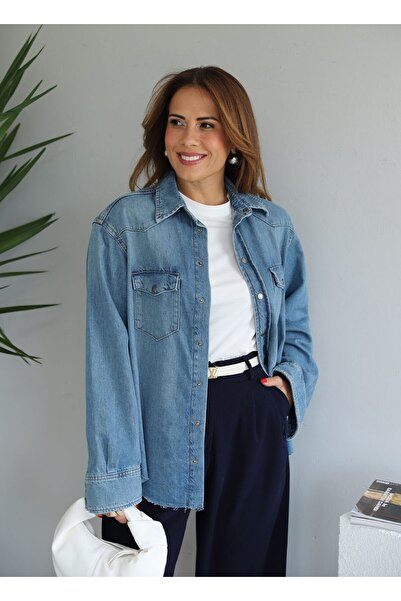 Purple by Banu Cămașă de blugi albastră cu tăiere cu laser