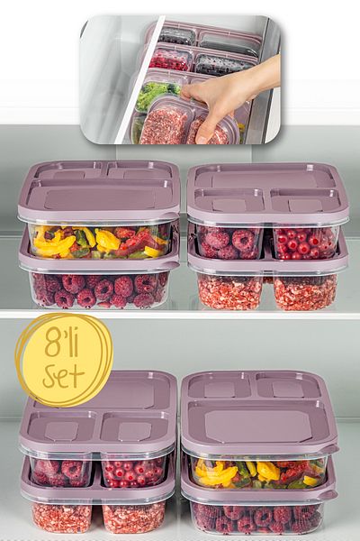 Vienev 1.15 Liter Pink 8-Piece 3-Compartment Rectangular Storage Container