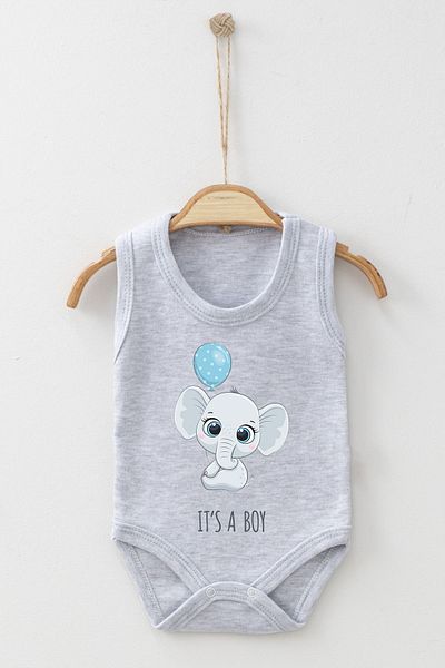 ADABEBEK It's a Boy Written Blue Balloon Baby Elephant Printed Strap Snap-On Bodysuit
