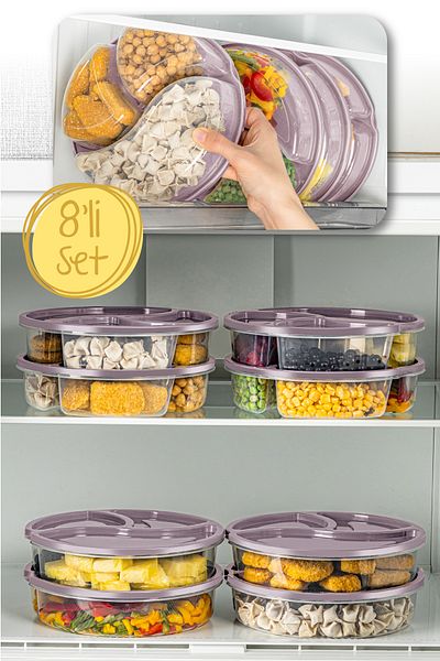 Vienev 1.2 Liter Pink 8-Piece 3-Compartment Round Storage Container