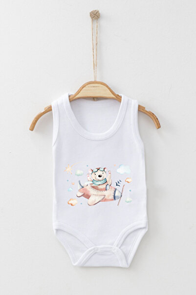 ADABEBEK Pilot Teddy Bear Printed Body Suit with Straps and Snap Fasteners in Clouds