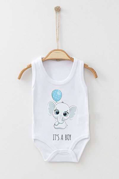 ADABEBEK It's a Boy Written Blue Balloon Baby Elephant Printed Strap Snap-On Bodysuit