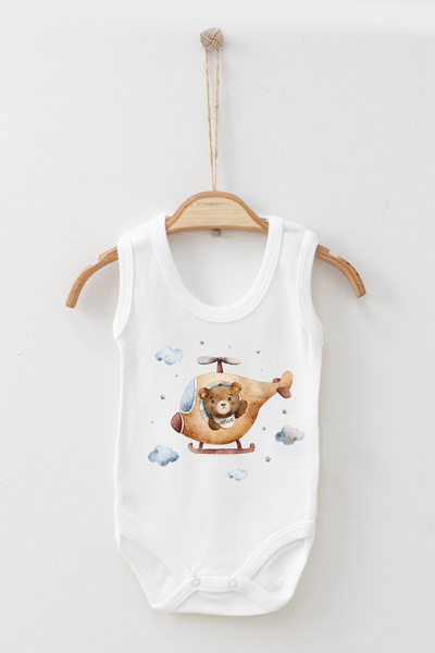 ADABEBEK Flying in the Clouds Helicopter Detailed Cute Teddy Bear Printed Strap Snap-On Bodysuit