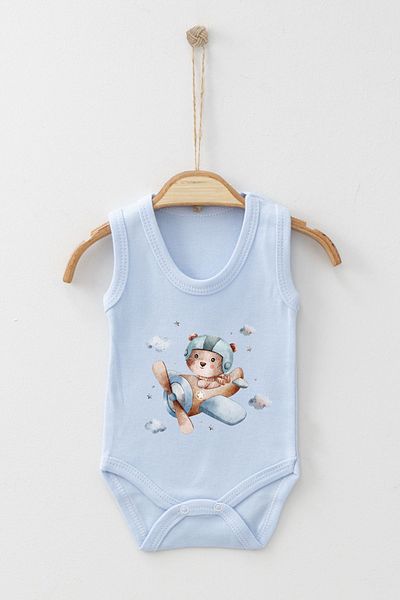 ADABEBEK Cloud Detailed Airplane Tedy Bear Printed Strap Snap-On Bodysuit