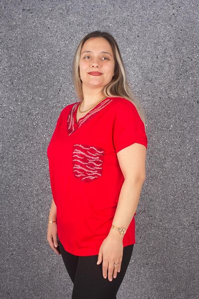 Truva XXL Plus Size Collar and Pocket Detail Stone Embroidered Blouse Colorful B083