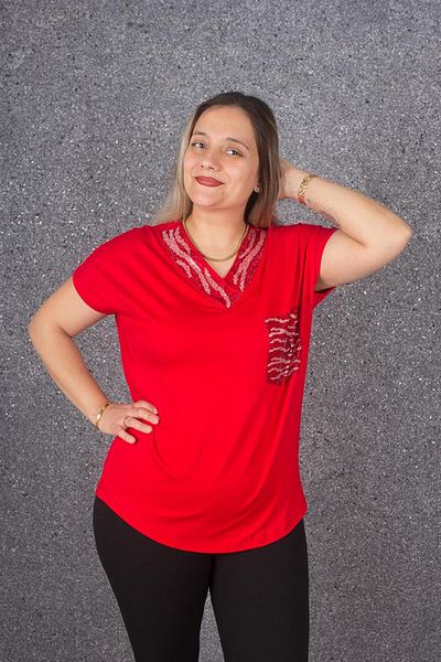 Truva XXL Plus Size Collar and Pocket Detail Stone Embroidered Blouse Colorful B083