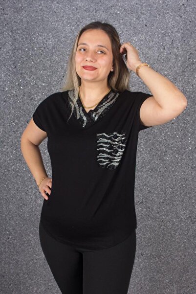 Truva XXL Μπλούζα με κέντημα με πέτρες με λεπτομέρεια γιακά και τσέπη σε μεγάλο μέγεθος, χρώμα B083