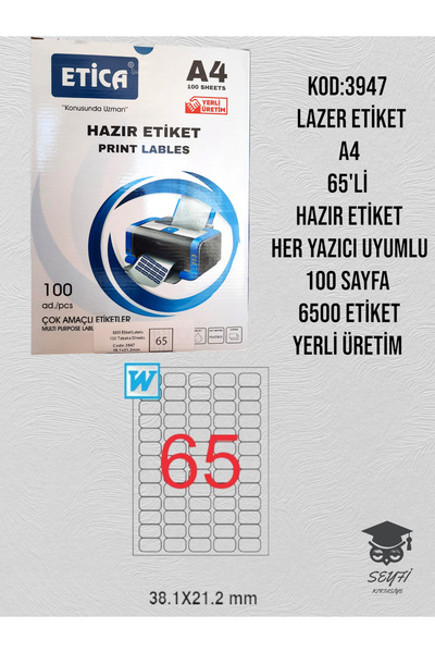 SEYFİKİRTASİYE 3947 Model Laserski rez A4 65-paketa spremnih etiketa - 100 st...