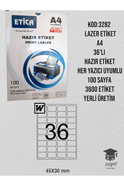 SEYFİKİRTASİYE 3282 LAZER ETİKET A4 36'LI HAZIR ETİKET HER YAZICI UYUMLU 100 ...
