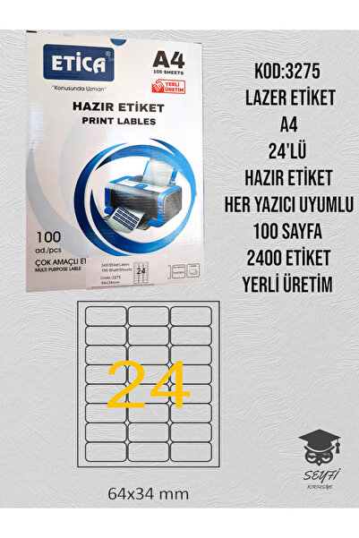 SEYFİKİRTASİYE ملصق ليزر 3275 - A4، ملصق جاهز مكون من 24 قطعة، متوافق مع كل ك...