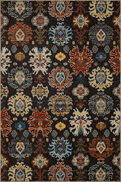 Rugs Modern Halı Koyu Kahve Temalı Motifli Etnik Figür Desenli Saçaklı Vintag...