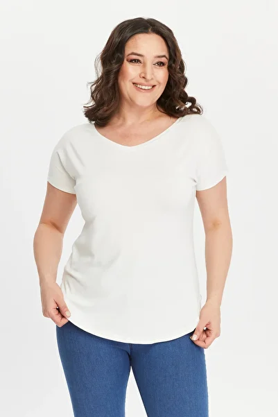Curvy Trend Plus Size Wide V-Neck Short Sleeve Oval Slit Blouse