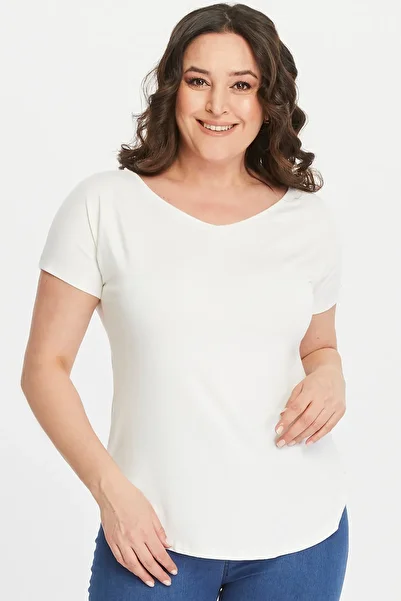 Curvy Trend Plus Size Wide V-Neck Short Sleeve Oval Slit Blouse
