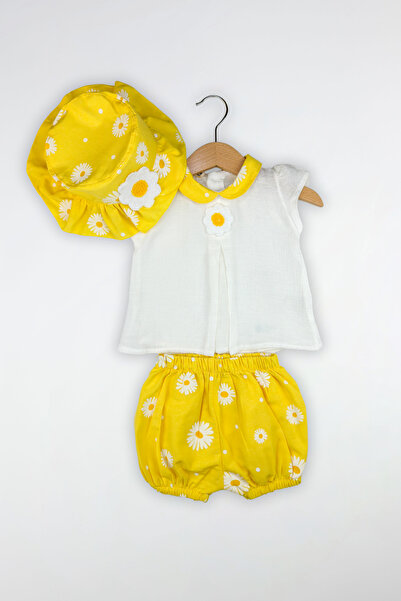 Globaby Daisy Patterned 3-Piece Girl Set with Hat