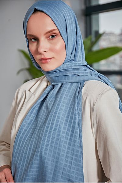 Scarf Şal din şifon mini pătrat jacquard - albastru denim -