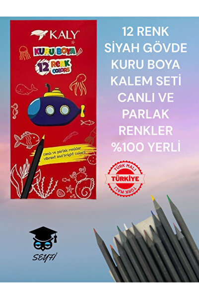 SEYFİKİRTASİYE 12 RENK SİYAH GÖVDE KURU BOYA KALEM SETİ CANLI VE PARLAK RENKLER %100 YERLİ