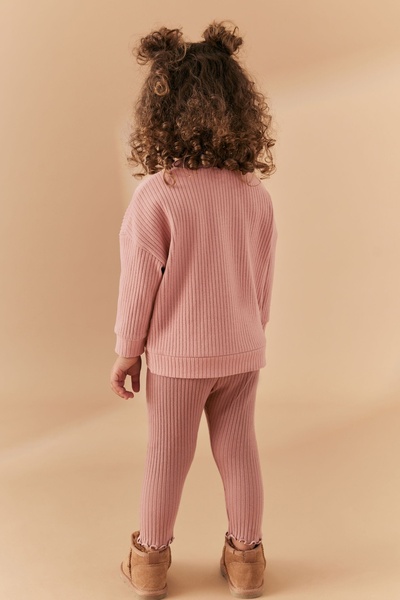 Next Baby Pink Ribbed Cotton Long Sleeve Sweat Tights Set