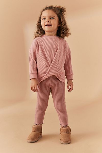 Next Baby Pink Ribbed Cotton Long Sleeve Sweat Tights Set