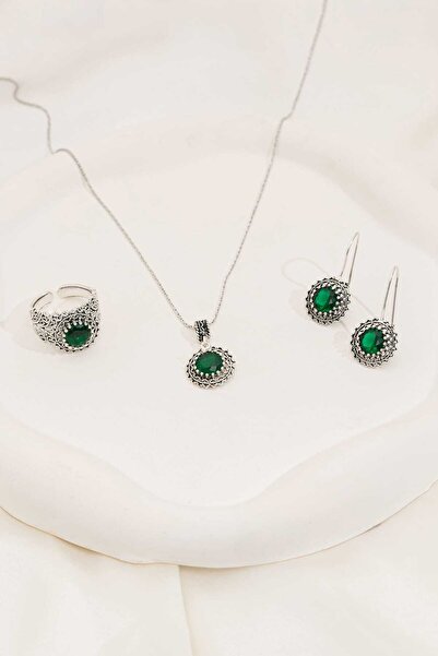 Saena Silver Zümrüt Taşlı Telkari Gümüş Set