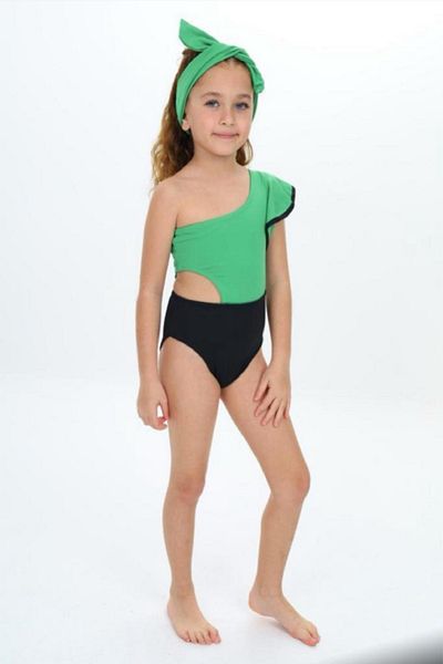 PODİUM GİYİM Νέα σεζόν Cutout Decollete Μοντέλο One Shoulder Ruffle Bandana Girls Mayokini - Μαγιό