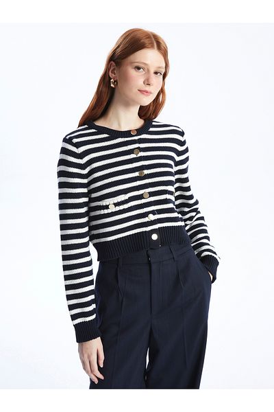 LC Waikiki Gestreifter, langärmliger Strick-Cardigan für Damen mit Rundhalsausschnitt