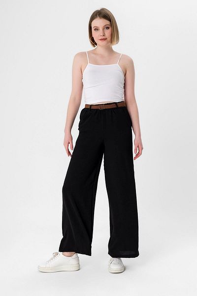 soi fashion Belt Detailed Wide Leg Ayrobin Trousers Black
