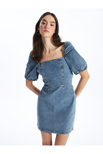 LC Waikiki Dámské džínové šaty s čtvercovým límcem s rovným krátkým rukávem