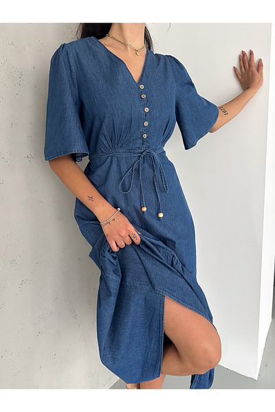 efstyle front buttoned elastic waist flounced sleeve denim dress