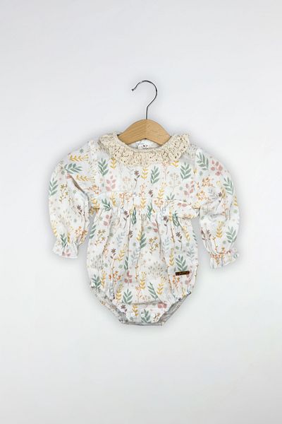 Globaby Floral Patterned Linen Collar Lace Girl's Romper