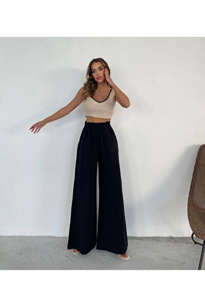 Genel Markalar İspanyol Paça Beli Lastikli Gabardin Kumaş Kadın Pantolon