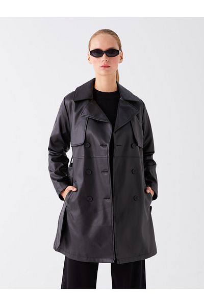 LC Waikiki Jackenkragen, einfarbiger Damen-Trenchcoat in Lederoptik