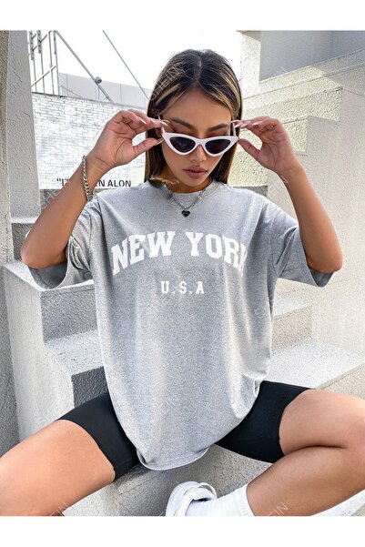 over head oh Ženska siva New York USA Štampano Oversize T-shirt