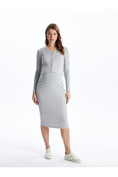 LC Waikiki Set aus geradem, langärmligem Umstandskleid und Strickjacke mit Rundhalsausschnitt