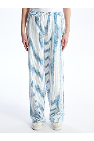 LC Waikiki Pruhované dámské kalhoty ze směsi lnu s elastickým pasem