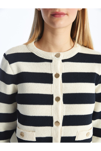 LC Waikiki Dámský pletený kardigan s proužkovaným výstřihem a dlouhým rukávem