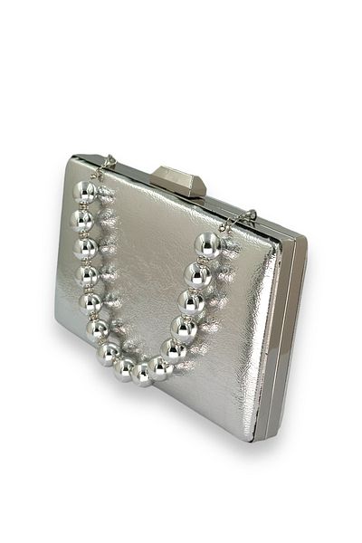 Biçanta Silver Gray Lame Pearl Handle Wrinkled Patent Leather Evening Dress Night Wedding Engagement Henna Bag