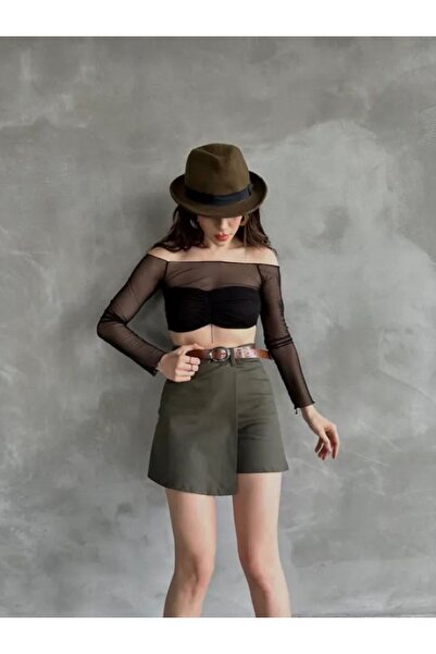SOPHİA STAR Kadın Beli Kemerli Kapak Detaylı Gabardin Şort Etek