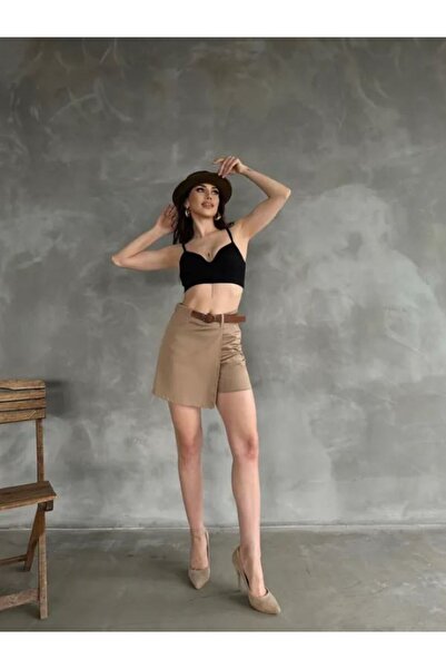 SOPHİA STAR Kadın Beli Kemerli Kapak Detaylı Gabardin Şort Etek