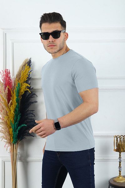 Kozik Ανδρικό μπλουζάκι Smoke Blue Ανδρικό μπλουζάκι Standard Basic Crew Neck Απλό 100% βαμβακερό ανδρικό μπλουζάκι
