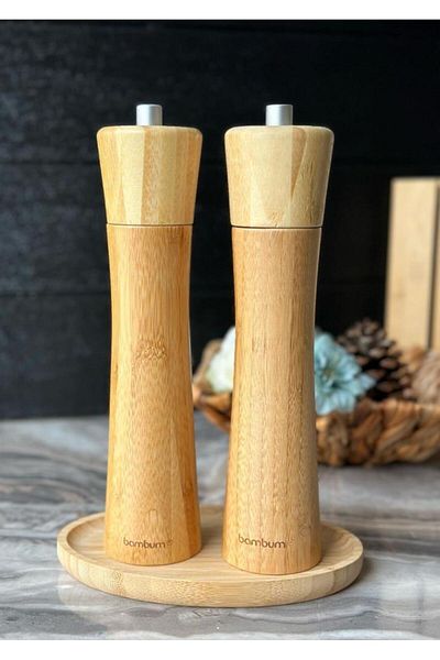 Bambum - Salt and Pepper Shakers with Plate and Mill Set 3 Pieces