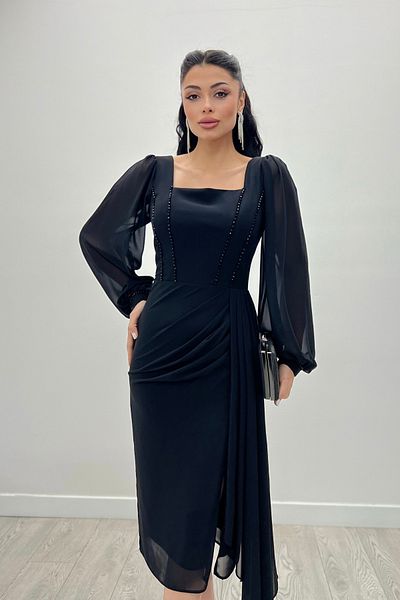 giyimmasalı Atlas Fabric Bead Detailed Chiffon Sleeve Pencil Dress - BLACK