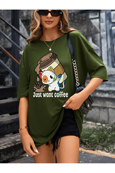 PENTHİLUS oversize just want coffee printed T-shirt