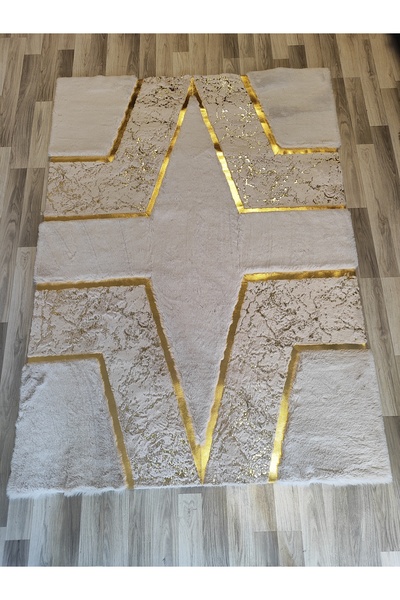 Genel Markalar Gold Çizgili Krem Renk Kuş Ayak Modeli Desenli Peluş Halı