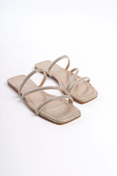 EFW İrene Taşlı 3 Bantlı Düz Topuk Kapitoneli Açık Sarı Kadın Terlik