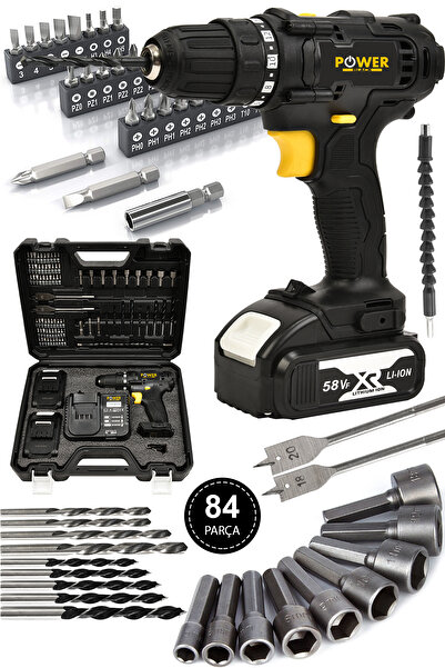 POWER BLACK 58 Vf 5 Ah Metal Şanzıman Çift Akülü Şarjlı Matkap 84 Parça Akülü...