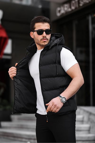 PRİFALDİ Rain And Wind Proof Detachable Hooded Regular Fit Men's Inflatable Vest Black