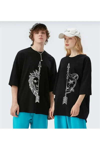 Genel Markalar Çocuk Aslan Baskılı OVERSİZE Sevgili Çift Kombini T-Shirt